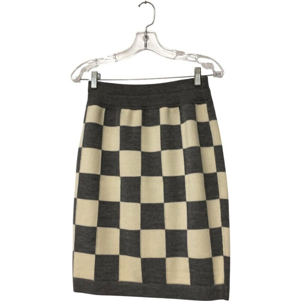 Escada Margaretha Ley Womens Skirt Knit 36 Small Cream Gray Check Wool Cashmere